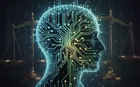 Eine stilisierte, leuchtende neuronale Netzwerkschaltung über einer menschlichen Silhouette, mit Waage im Hintergrund, die KI-Regulierung darstellt. - Foto: über boerse-global.de