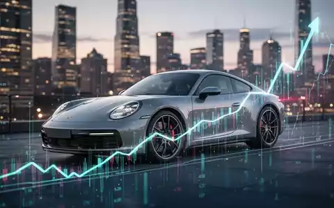Ein eleganter Porsche Sportwagen, subtil in ein aufwärts gerichtetes Finanzdiagramm integriert, vor einer verschwommenen Skyline. - Foto: über boerse-global.de