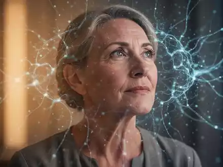 Eine nachdenkliche Frau mittleren Alters, deren Gehirnaktivität durch subtile, abstrakte neuronale Muster symbolisiert wird. - Foto: über boerse-global.de