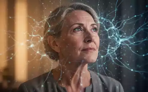Eine nachdenkliche Frau mittleren Alters, deren Gehirnaktivität durch subtile, abstrakte neuronale Muster symbolisiert wird. - Foto: über boerse-global.de