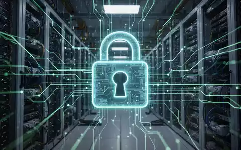 Digital padlock icon over a network of data lines and industrial machinery, symbolizing cybersecurity and AI integration. - Foto: über boerse-global.de