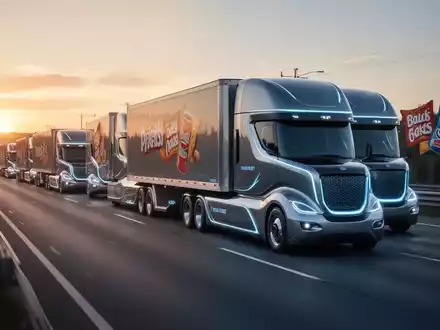 Autonomous semi-trucks on a highway at dawn, representing driverless logistics for a snack and beverage company. - Foto: über boerse-global.de