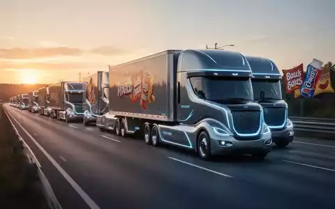 Autonomous semi-trucks on a highway at dawn, representing driverless logistics for a snack and beverage company. - Foto: über boerse-global.de
