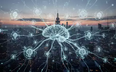 Abstrakte Darstellung von vernetzten KI-Agenten und Datenströmen, die ein komplexes Netzwerk über einer digitalen Stadtlandschaft bilden. - Foto: über boerse-global.de