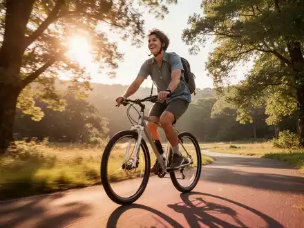 Eine Person fährt auf einem malerischen Weg im Freien Fahrrad, Sonnenlicht fällt durch Bäume, was Freude und Freiheit vermittelt. - Foto: über boerse-global.de