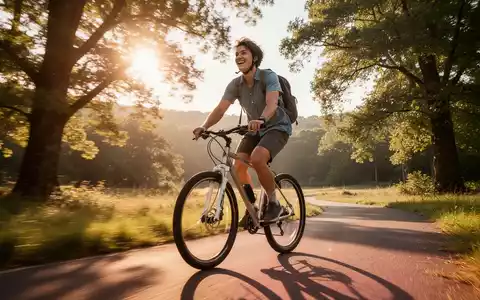 Eine Person fährt auf einem malerischen Weg im Freien Fahrrad, Sonnenlicht fällt durch Bäume, was Freude und Freiheit vermittelt. - Foto: über boerse-global.de