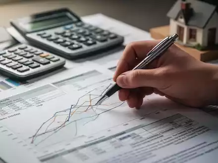 Eine Hand mit Stift zeigt auf Finanzdokumente und Charts zur Immobilien- und Steuerplanung, mit Rechner und Hausfigur im Hintergrund. - Foto: über boerse-global.de