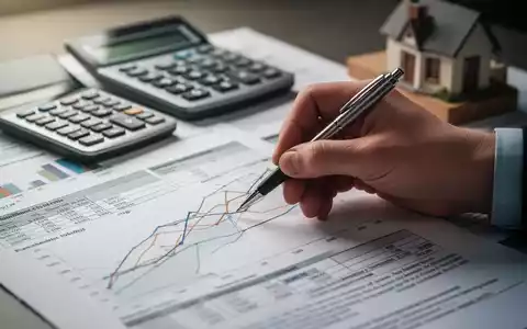 Eine Hand mit Stift zeigt auf Finanzdokumente und Charts zur Immobilien- und Steuerplanung, mit Rechner und Hausfigur im Hintergrund. - Foto: über boerse-global.de