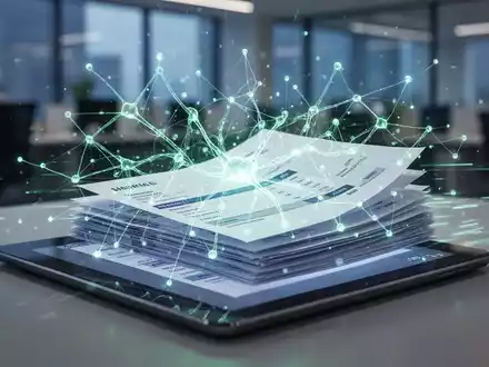 Eine Hand tippt auf ein Tablet, das digitale Rechnungen mit einem darüberliegenden leuchtenden neuronalen Netzwerk zeigt. - Foto: über boerse-global.de
