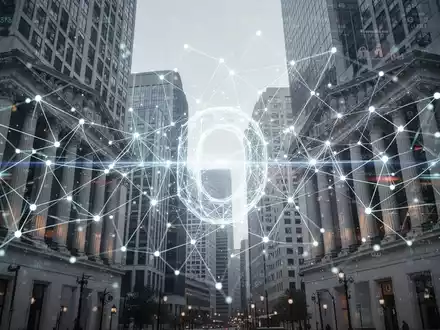 A glowing, interconnected digital network representing blockchain technology, superimposed over subtle images of bank buildings and financial data. - Foto: über boerse-global.de
