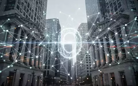 A glowing, interconnected digital network representing blockchain technology, superimposed over subtle images of bank buildings and financial data. - Foto: über boerse-global.de
