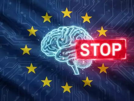 Die EU-Flagge mit einem durchgestrichenen KI-Symbol, das die Blockade von Siri AI in Europa darstellt. - Foto: über boerse-global.de