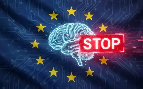 Die EU-Flagge mit einem durchgestrichenen KI-Symbol, das die Blockade von Siri AI in Europa darstellt. - Foto: über boerse-global.de
