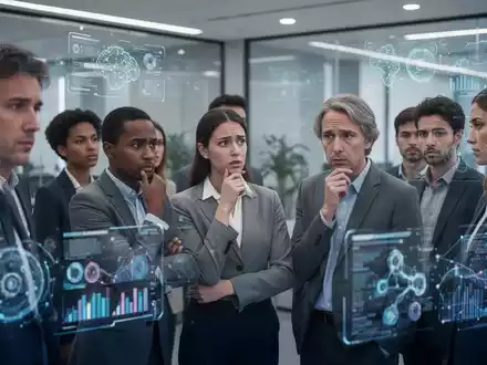 Employees in a modern office, some looking at digital interfaces, representing the impact of AI on the workplace and employee experience. - Foto: über boerse-global.de