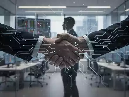 Digital illustration of a stalled handshake between two figures, overlaid with AI circuitry, representing halted negotiations over an OpenAI loan. - Foto: über boerse-global.de