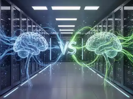 Two distinct AI neural networks, represented by glowing blue and green light trails, compete in a futuristic server room. - Foto: über boerse-global.de