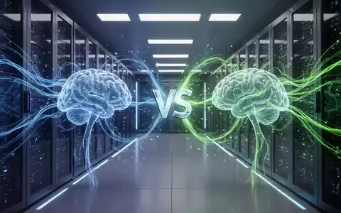 Two distinct AI neural networks, represented by glowing blue and green light trails, compete in a futuristic server room. - Foto: über boerse-global.de