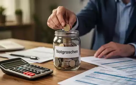 Eine Person legt Münzen in ein Glasgefäß mit der Aufschrift „Notgroschen“, umgeben von Finanzdokumenten und einem Taschenrechner. - Foto: über boerse-global.de