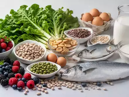 Nahaufnahme einer Auswahl farbenfroher, nährstoffreicher Lebensmittel wie Beeren, Gemüse, Eier und Fisch, die gesunde Ernährung im Alter symbolisieren. - Foto: über boerse-global.de