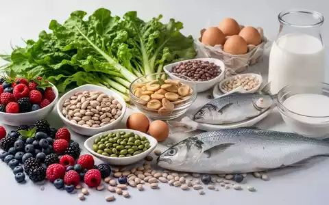 Nahaufnahme einer Auswahl farbenfroher, nährstoffreicher Lebensmittel wie Beeren, Gemüse, Eier und Fisch, die gesunde Ernährung im Alter symbolisieren. - Foto: über boerse-global.de