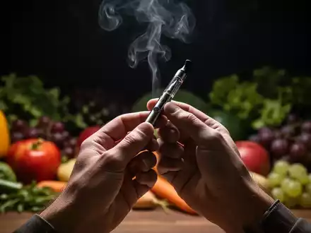 Hände halten eine E-Zigarette, während im unscharfen Hintergrund gesunde Lebensmittel wie Obst und Gemüse zu sehen sind. - Foto: über boerse-global.de