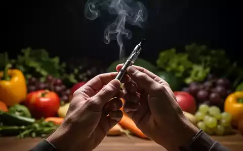 Hände halten eine E-Zigarette, während im unscharfen Hintergrund gesunde Lebensmittel wie Obst und Gemüse zu sehen sind. - Foto: über boerse-global.de
