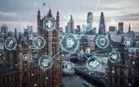 Digital payment icons and network lines over a blurred London cityscape, symbolizing financial regulation and competition. - Foto: über boerse-global.de