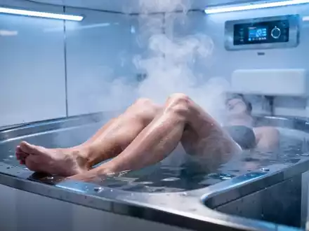 Nahaufnahme von Beinen, die in einer modernen Kältekammer liegen, mit aufsteigendem Nebel und kühler, blauer Beleuchtung. - Foto: über boerse-global.de