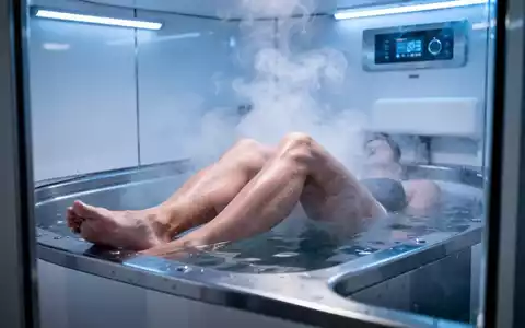 Nahaufnahme von Beinen, die in einer modernen Kältekammer liegen, mit aufsteigendem Nebel und kühler, blauer Beleuchtung. - Foto: über boerse-global.de