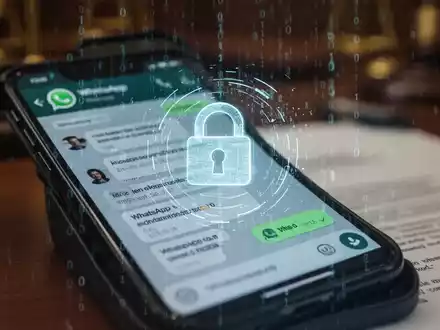 A smartphone screen shows a WhatsApp chat, overlaid with a digital lock icon and binary code, symbolizing legal conflict and data privacy. - Foto: über boerse-global.de