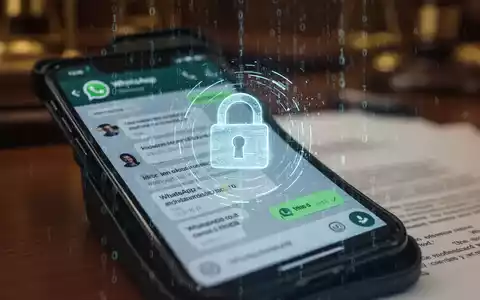A smartphone screen shows a WhatsApp chat, overlaid with a digital lock icon and binary code, symbolizing legal conflict and data privacy. - Foto: über boerse-global.de