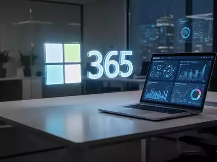 A glowing Microsoft 365 logo projected onto a modern office desk with a laptop displaying AI interfaces, symbolizing rising software demand and hybrid work. - Foto: über boerse-global.de