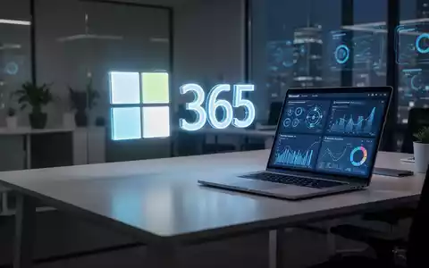 A glowing Microsoft 365 logo projected onto a modern office desk with a laptop displaying AI interfaces, symbolizing rising software demand and hybrid work. - Foto: über boerse-global.de
