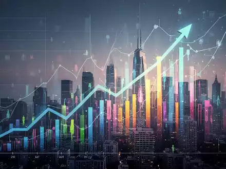 Eine stilisierte Grafik zeigt einen aufsteigenden Finanzchart, der in eine moderne Stadtlandschaft übergeht und Wirtschaftswachstum symbolisiert. - Foto: über boerse-global.de