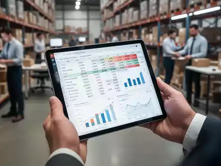 Nahaufnahme eines Tablets mit Finanzdaten und Diagrammen, im Hintergrund ein unscharfes E-Commerce-Lager. Fokus auf Datenanalyse. - Foto: über boerse-global.de