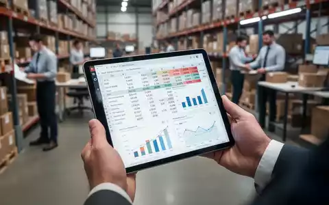 Nahaufnahme eines Tablets mit Finanzdaten und Diagrammen, im Hintergrund ein unscharfes E-Commerce-Lager. Fokus auf Datenanalyse. - Foto: über boerse-global.de