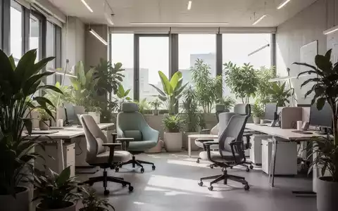 Ein modernes, minimalistisches Büro mit vielen grünen Pflanzen, natürlichem Licht und ergonomischen Möbeln, das eine stressfreie Atmosphäre schafft. - Foto: über boerse-global.de