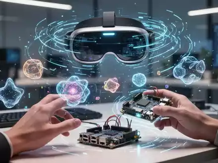 A futuristic augmented reality headset displaying an intricate holographic interface, with hands interacting with glowing digital objects and a development kit. - Foto: über boerse-global.de