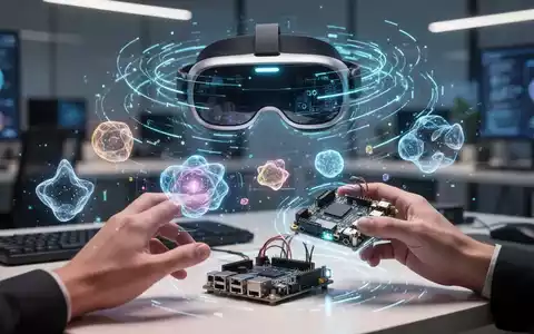 A futuristic augmented reality headset displaying an intricate holographic interface, with hands interacting with glowing digital objects and a development kit. - Foto: über boerse-global.de