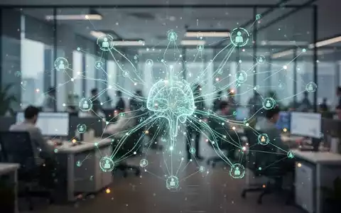 Ein abstraktes, leuchtendes neuronales Netzwerk überlagert ein modernes Büro, das autonome KI-Agenten und effiziente Arbeitsabläufe symbolisiert. - Foto: über boerse-global.de