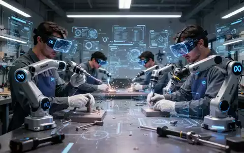 Handwerker arbeiten in einer modernen Werkstatt, mit digitalen Overlays, die erweiterte Realität andeuten. - Foto: über boerse-global.de