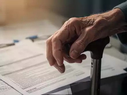 Eine ältere Hand greift vorsichtig nach einem Gehstock, im Hintergrund verschwommen medizinische Dokumente. - Foto: über boerse-global.de