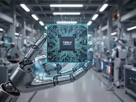 A close-up of a glowing, intricate AI chip held by a robotic hand, symbolizing Tesla's AI and Optimus robot development. - Foto: über boerse-global.de