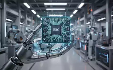 A close-up of a glowing, intricate AI chip held by a robotic hand, symbolizing Tesla's AI and Optimus robot development. - Foto: über boerse-global.de