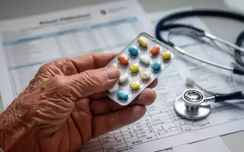 Eine Nahaufnahme einer älteren Hand, die eine Blisterpackung mit Tabletten hält, im Hintergrund verschwommen ein Diagramm und ein Stethoskop. - Foto: über boerse-global.de