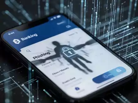 Smartphone screen showing a banking app with a subtle, abstract digital threat overlay and blurred cyber activity in the background. - Foto: über boerse-global.de
