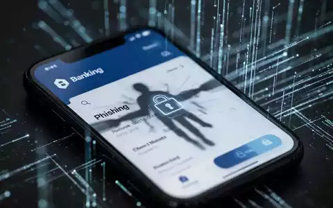 Smartphone screen showing a banking app with a subtle, abstract digital threat overlay and blurred cyber activity in the background. - Foto: über boerse-global.de