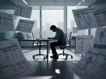 Eine einzelne, stilisierte Silhouette sitzt in einem kargen Büro, umgeben von verschwommenen Finanzdokumenten und medizinischen Diagrammen. - Foto: über boerse-global.de