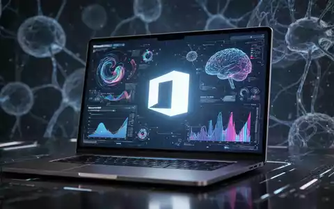 A laptop screen showing data visualizations and a Microsoft Office logo, with AI patterns in the background. - Foto: über boerse-global.de