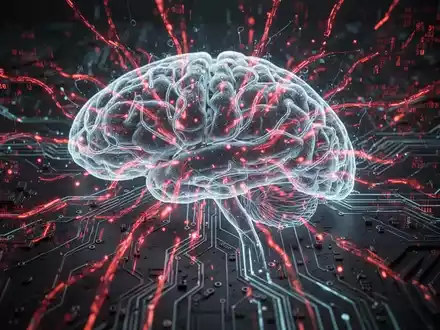 A glowing, intricate neural network with ominous red streams of data flowing through it, symbolizing a cyberattack on an AI system. - Foto: über boerse-global.de